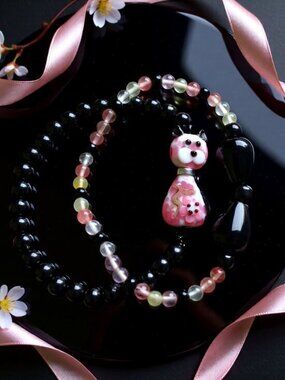 Cat Lovers Bracelet Set 7" Wrists! Pink & Black Bead Collection + Cherry Quartz